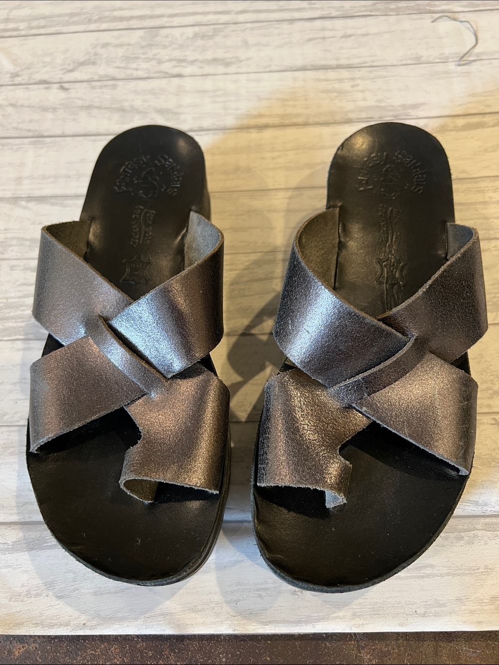 Fantasy Sandals Metallic Gunmetal Cross-Strap Slide Sandals